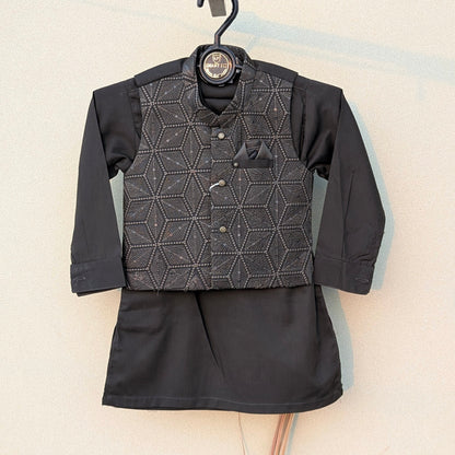 3 Pieces Premium Kameez Shalwar with Embroidered Waistcoat - Olive