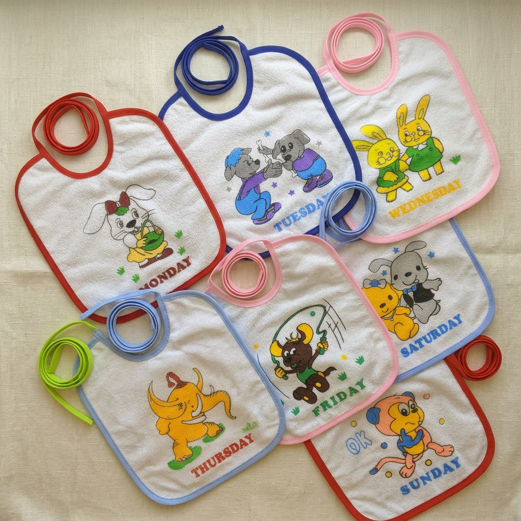 Seven-day baby bib pack flat lay