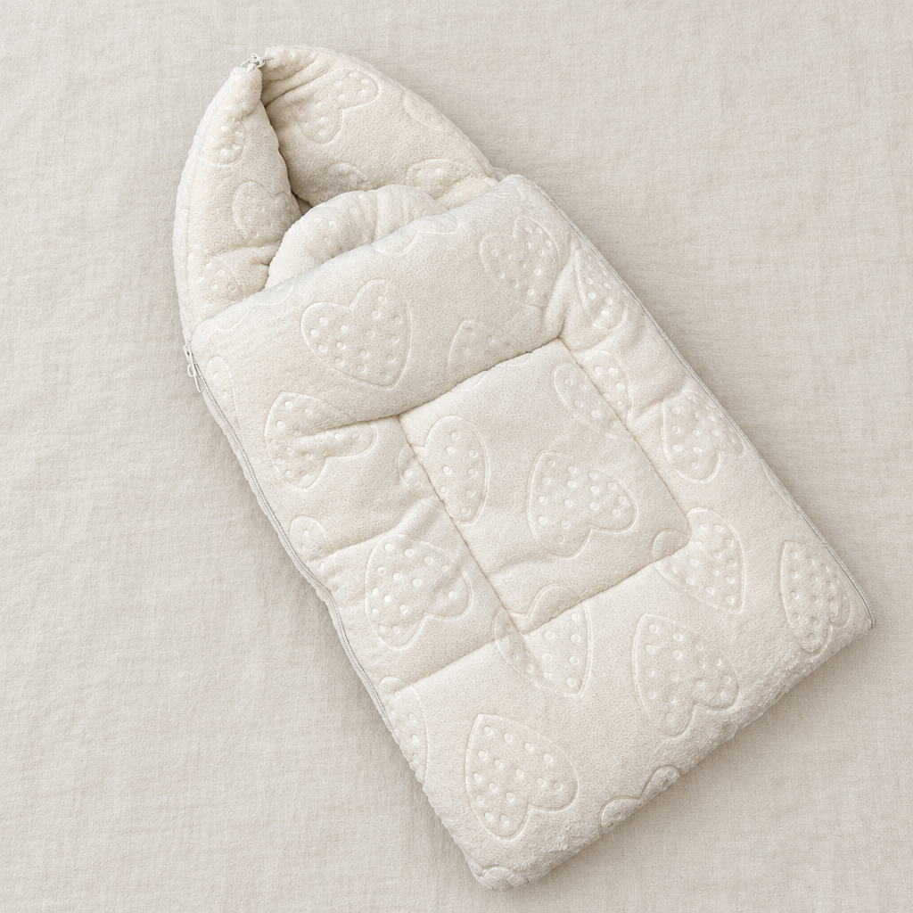 White hooded carry nest flat lay